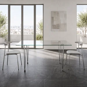 Bureau Matra 130 x 80 cm en verre trempé transparent avec pieds en métal chromé